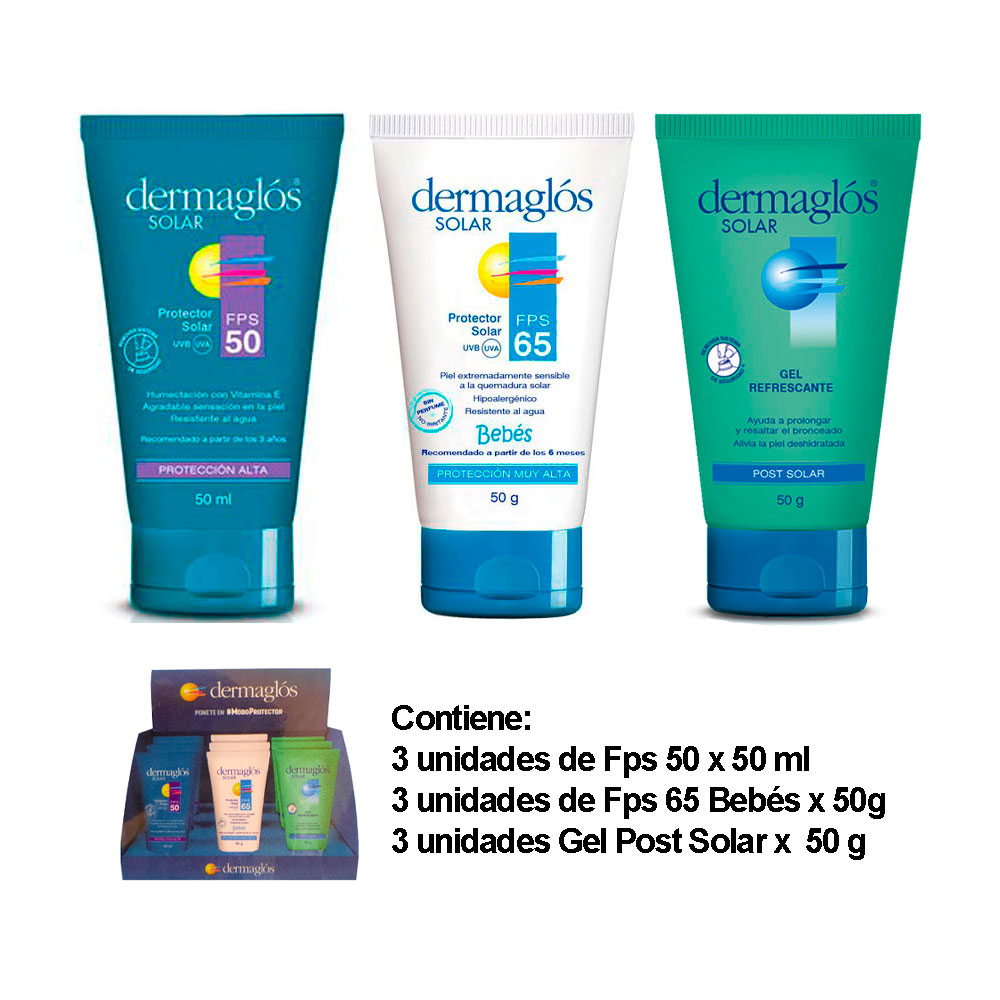 DERMAGLOS COMBO 3 FPS50+3 FPS65+3 GEL POST SOLAR